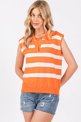 Orange & White Striped Sleeveless Knit Polo