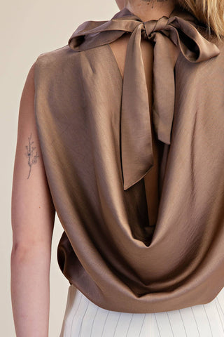 Satin Mock Neck Sleeveless Blouse with Elegant Cowl Back Tie