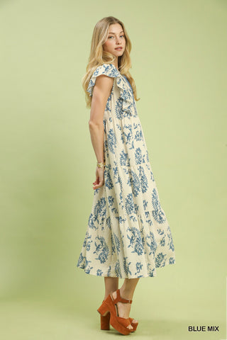 Boho Blue Paisley Tiered Midi Dress