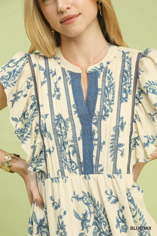 Boho Blue Paisley Tiered Midi Dress
