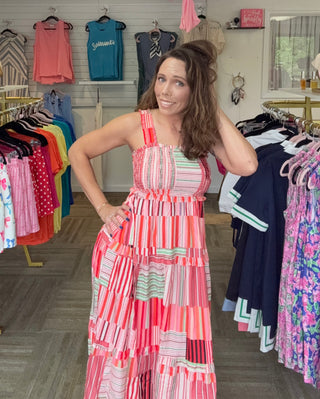 Boho Striped Wide-Strap Smocked Tiered Maxi Dress