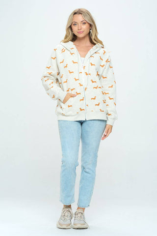 Cozy Dachshund Print Zip-Up Hoodie | Cute Wiener Dog Sweatshirt