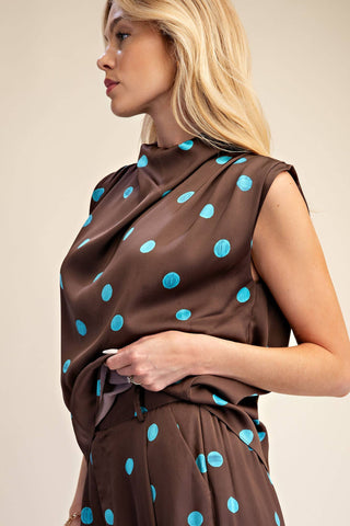 Satin Polka Dot Cowl Mock Neck Sleeveless Blouse