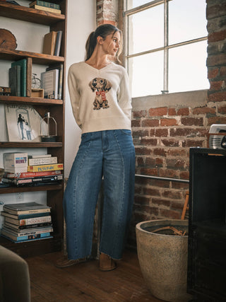 "Cozy Doxie" Vintage V-Neck Graphic Sweater