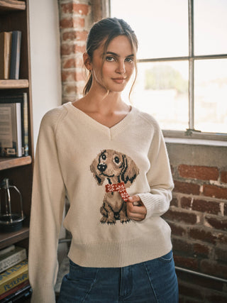 "Cozy Doxie" Vintage V-Neck Graphic Sweater