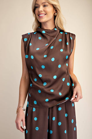Satin Polka Dot Cowl Mock Neck Sleeveless Blouse