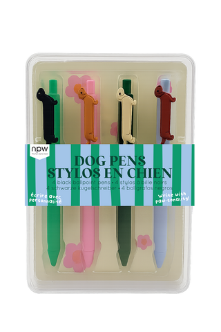 Pack of 4 Dachshund-shaped pens in assorted pastel colors with black ink.