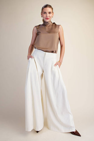 Satin Mock Neck Sleeveless Blouse with Elegant Cowl Back Tie