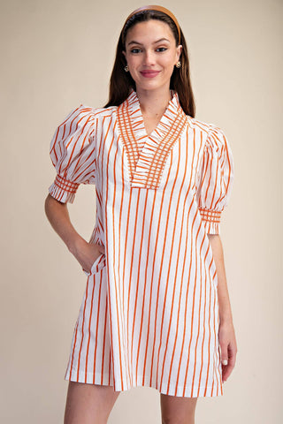 Ruffle V-Neck Smocked Puff Sleeve Stripe Mini Dress