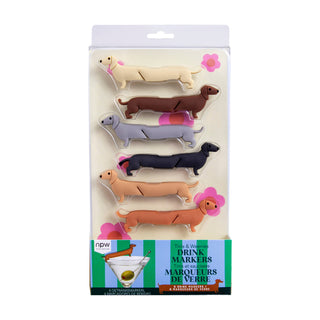 Set of six dachshund-shaped drink markers in various colors, designed to attach to glasses.