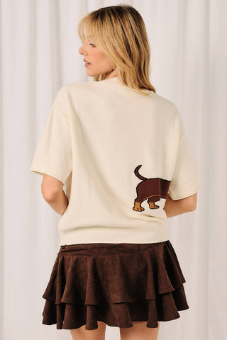 Round Neck Dachshund Graphic Short Sleeve Sweater Top