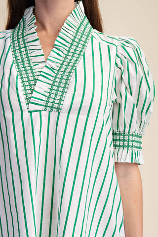 Ruffle V-Neck Smocked Puff Sleeve Stripe Mini Dress