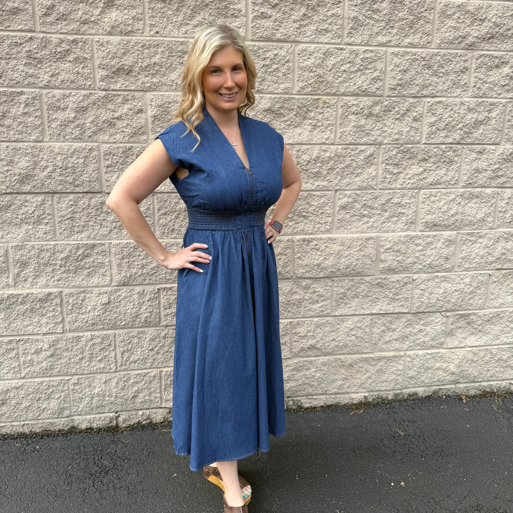 Smocked Waist Zip-Front Midi Dress - Dress
