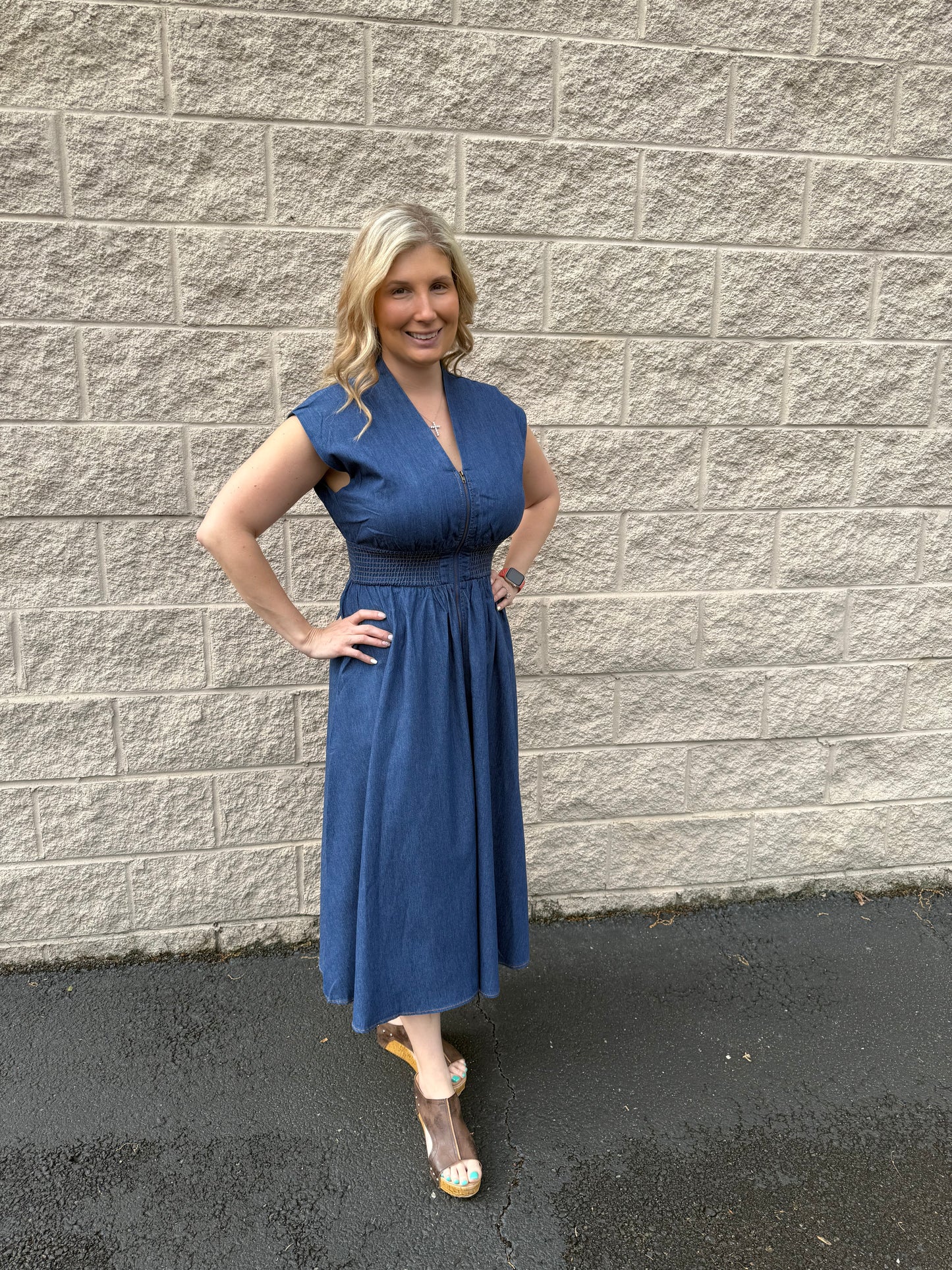Smocked Waist Zip-Front Midi Dress - Dress