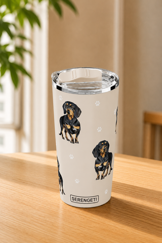 Black tumbler with Dachshund illustrations and a BPA-free sliding lid.