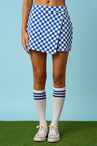 GAME DAY CHECKERED OVERLAY WRAP FRONT MINI SKORT