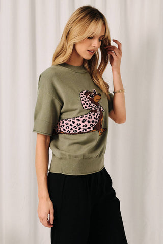 Round Neck Dachshund Graphic Short Sleeve Sweater Top