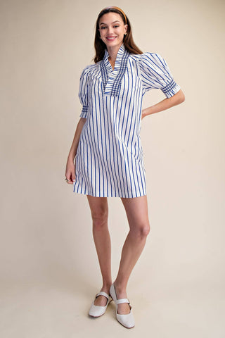Ruffle V-Neck Smocked Puff Sleeve Stripe Mini Dress