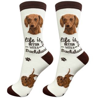 Unisex crew socks with a red Dachshund face and full body design, featuring the phrase "Life is better with a Dachshund."