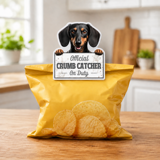 A yellow snack bag with a black Dachshund clip reading "Official Crumb Catcher On Duty."