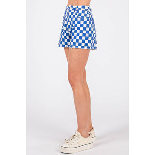 GAME DAY CHECKERED FRAYED HEM CASUAL SHORTS