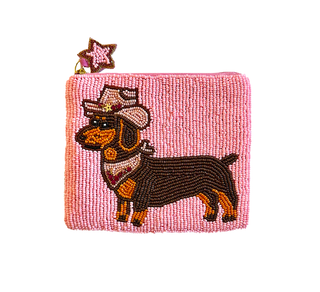 Hand-Beaded Dachshund Cowboy Coin Purse – Western Pink Dog Pouch