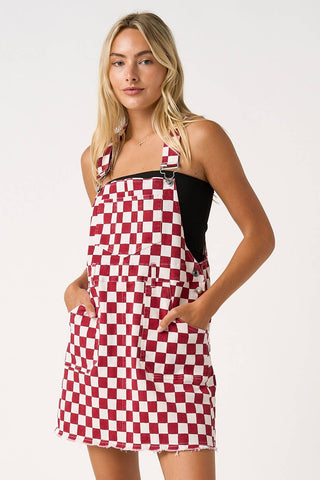 GAME DAY CHECKERED BIB OVERALL MINI DRESS