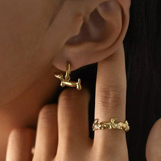 Dachshund Dog Drop Hoop Earrings, Gold Plated
