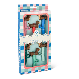 A 6-piece set of dog-strap silicone straw toppers in various colors (brown, blue, pink, green, teal, mint) presented in a decorative blue, pink, and white gingham box with a clear window showing the items inside.