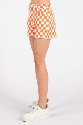 GAME DAY CHECKERED FRAYED HEM CASUAL SHORTS