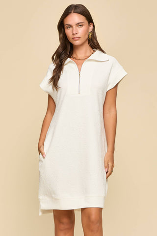 Dear Scarlett Textured Jacquard Half-Zip Dress with Pockets