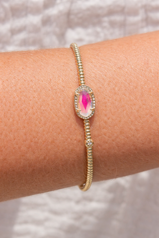 Celeste Glow: 14K Gold Beaded Stretch Bracelet with Pink Gemstone