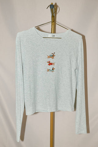 Grey ribbed top with Christmas dachshund embroidery, crew neckline, and long sleeves.