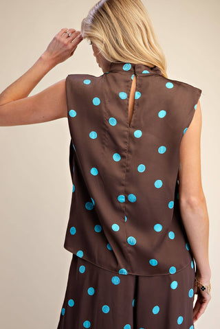 Satin Polka Dot Cowl Mock Neck Sleeveless Blouse