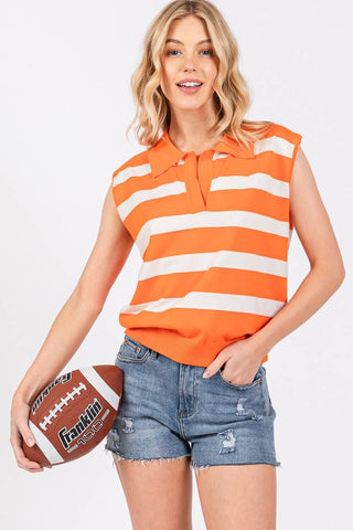 Orange & White Striped Sleeveless Knit Polo