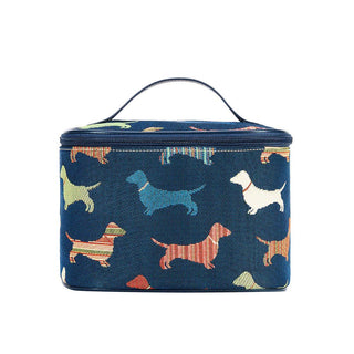 Multicolor toiletry travel bag with a dachshund pattern and zip closure.