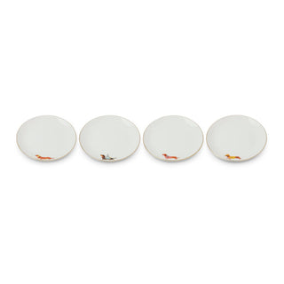Four ceramic plates with a dachshund design and gold rim, each 6 inches in diameter.
