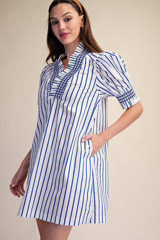 Ruffle V-Neck Smocked Puff Sleeve Stripe Mini Dress