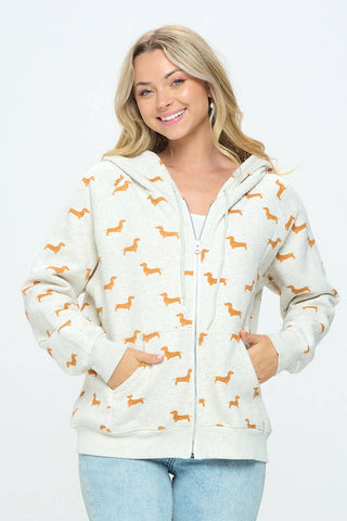 Cozy Dachshund Print Zip-Up Hoodie | Cute Wiener Dog Sweatshirt