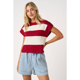 STRIPED SHORT CAP SLEEVE BOXY TOP