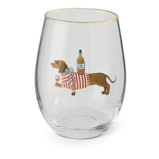 17oz stemless wine glass with a Dachshund print and gold rim.