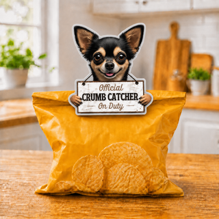 Black Chihuahua bag clip with 'Official Crumb Catcher On Duty' sign on a yellow snack bag.
