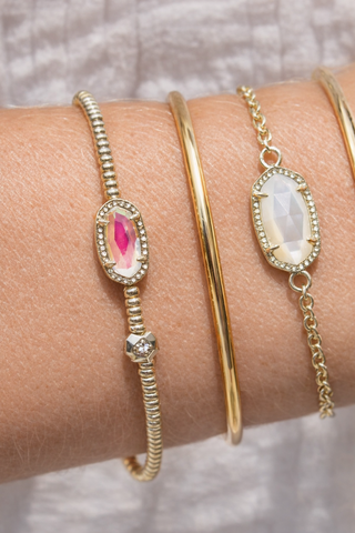 Celeste Glow: 14K Gold Beaded Stretch Bracelet with Pink Gemstone