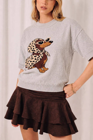 Round Neck Dachshund Graphic Short Sleeve Sweater Top