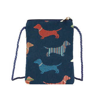 A small shoulder bag with a colorful dachshund pattern and an adjustable corded strap.
