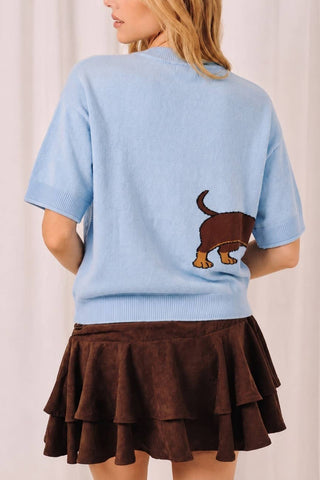 Round Neck Dachshund Graphic Short Sleeve Sweater Top
