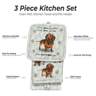 Red Dachshund Print Oven Mitt Set