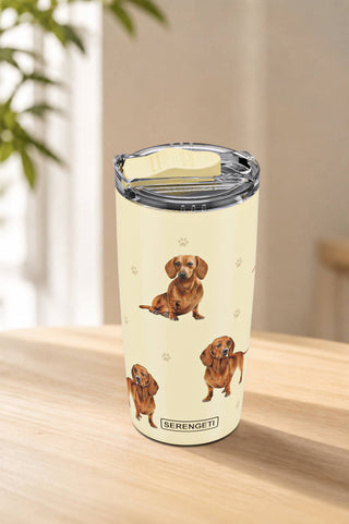 Dachshund-themed tumbler in red with a sliding lid, featuring 20oz capacity and double-wall insulation.
