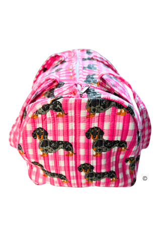The Chloe | Quilted Pink Gingham Dachshund Duffel Bag