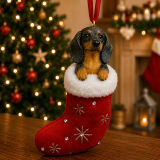 A black Dachshund ornament in a festive red stocking with snowflake designs, hanging on a tree.